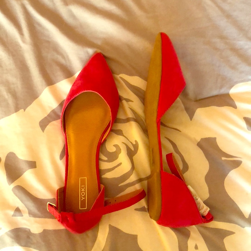 Pink pointed toe flats with ankle strap